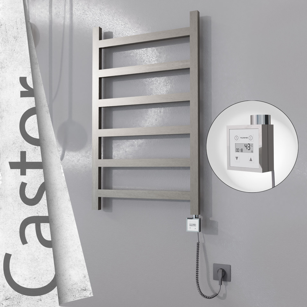Castor Electric Stainless Steel Towel Rail 600x980 Satin Polished (KTX3 Thermostat) 300W Spiral Cable - 1