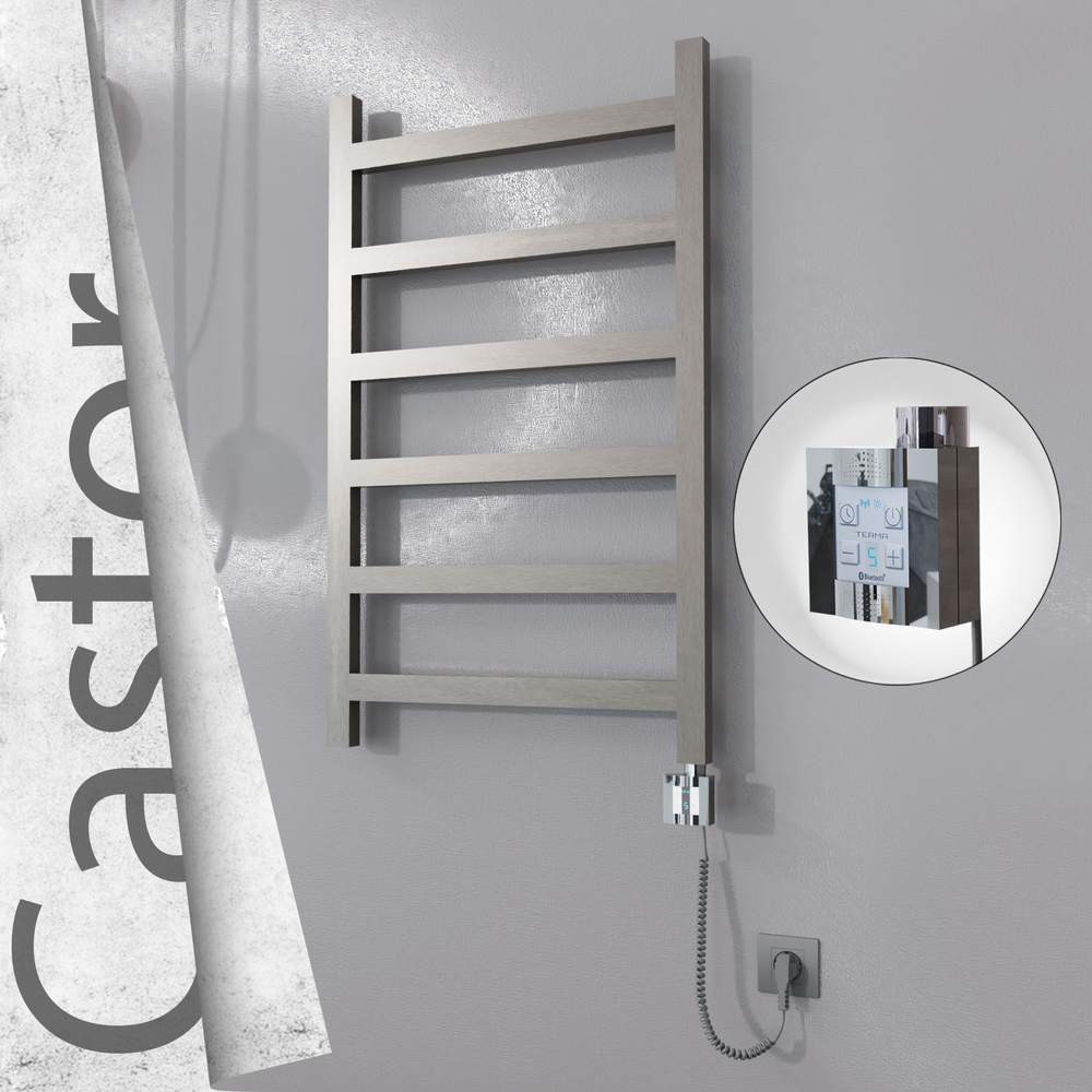 Castor Electric Stainless Steel Towel Rail 600x980 Satin Polished (KTX4 Thermostat) 300W Spiral Cable - 1