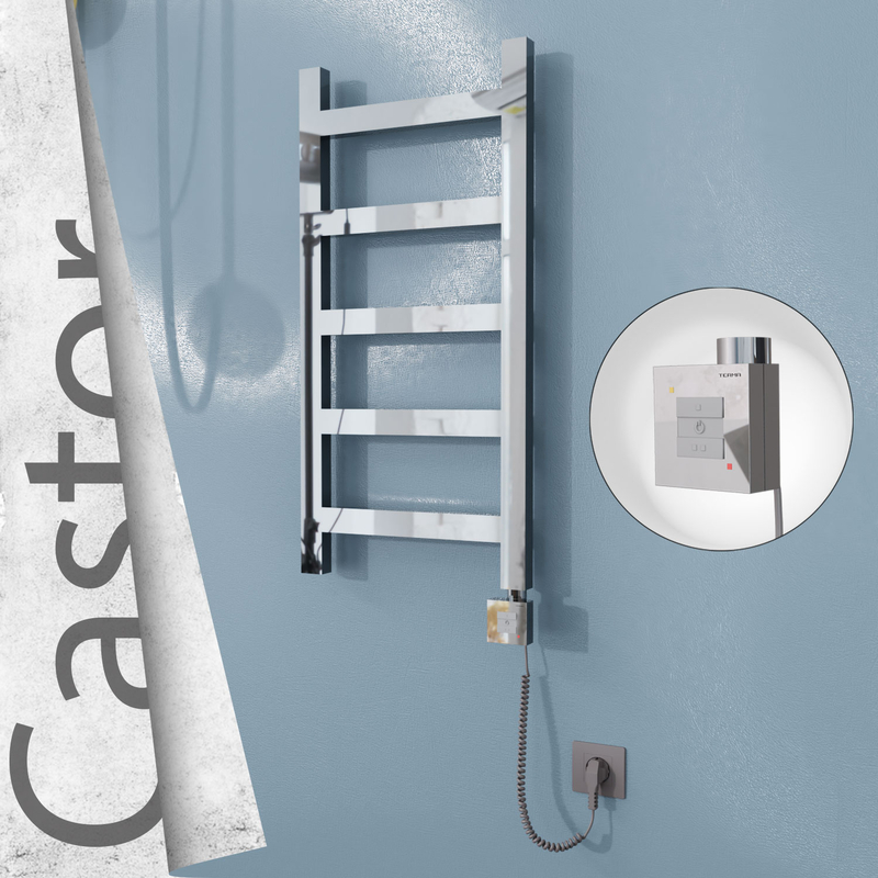 Castor Sèche-serviettes Électrique en Inox 400x820 Poli Miroir (KTX1 Thermostat) 200W Câble Spiralé 