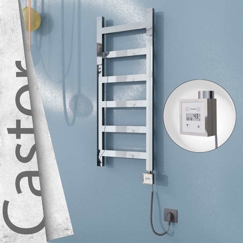 Castor Sèche-serviettes Électrique en Inox 400x980 Poli Miroir (KTX3 Thermostat) 200W Câble Spiralé 