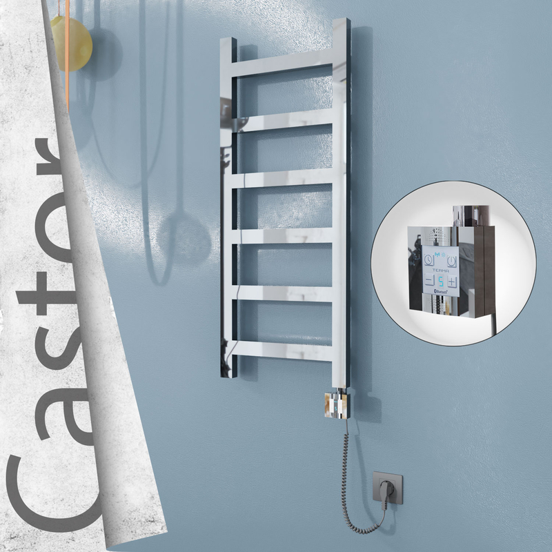 Castor Sèche-serviettes Électrique en Inox 400x980 Poli Miroir (KTX4 Thermostat) 200W Câble Spiralé 