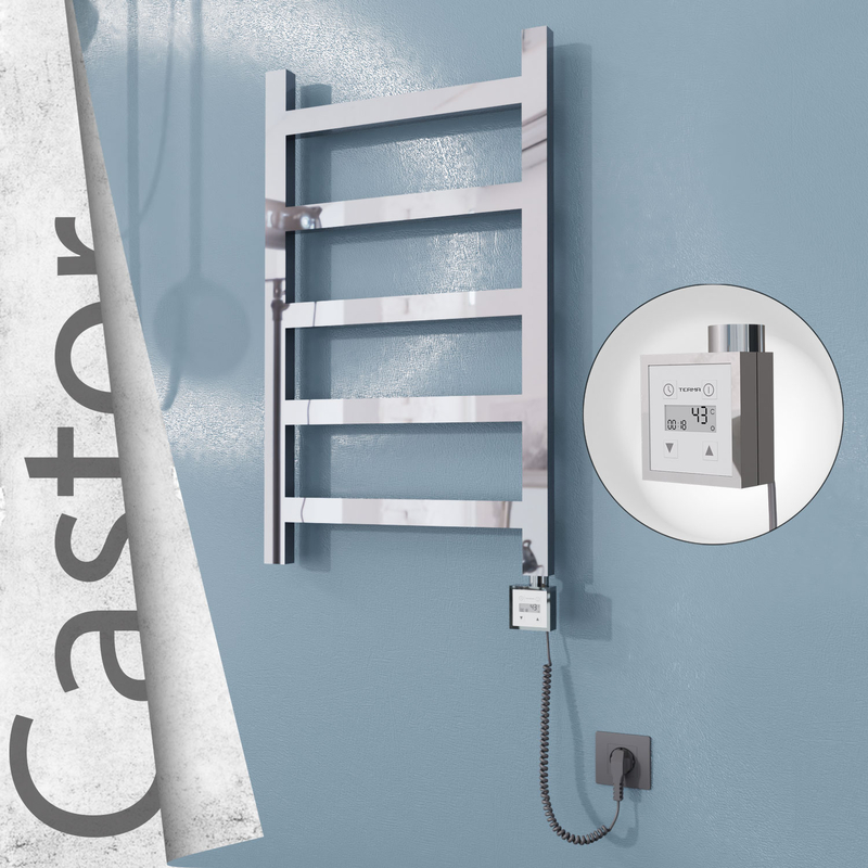 Castor Sèche-serviettes Électrique en Inox 500x820 Poli Miroir (KTX3 Thermostat) 200W Câble Spiralé 