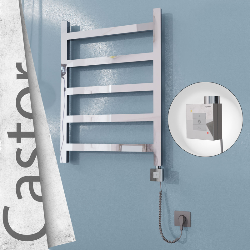 Castor Sèche-serviettes Électrique en Inox 600x820 Poli Miroir (KTX1 Thermostat) 200W Câble Spiralé 
