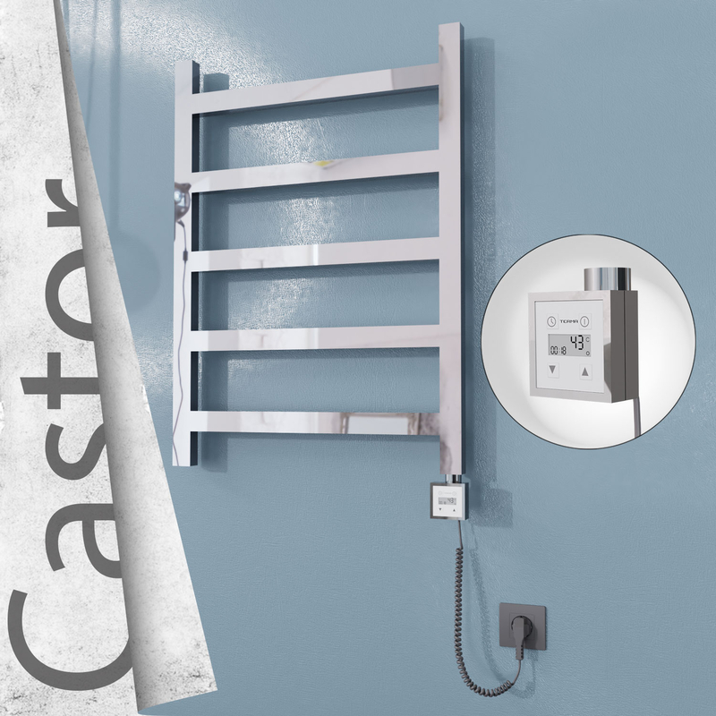 Castor Sèche-serviettes Électrique en Inox 600x820 Poli Miroir (KTX3 Thermostat) 200W Câble Spiralé 
