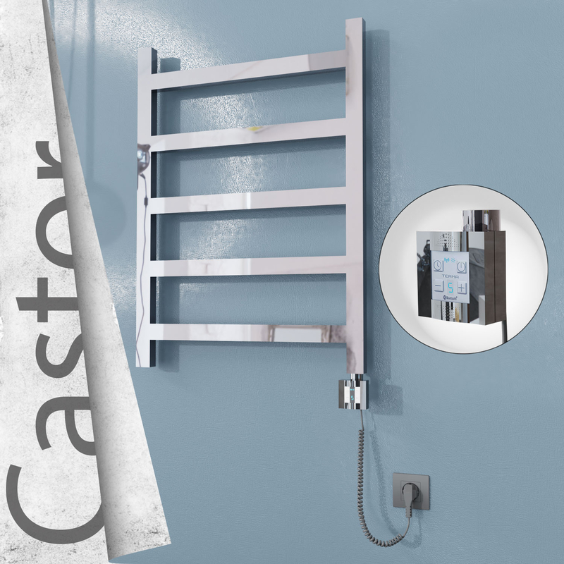 Castor Sèche-serviettes Électrique en Inox 600x820 Poli Miroir (KTX4 Thermostat) 200W Câble Spiralé 