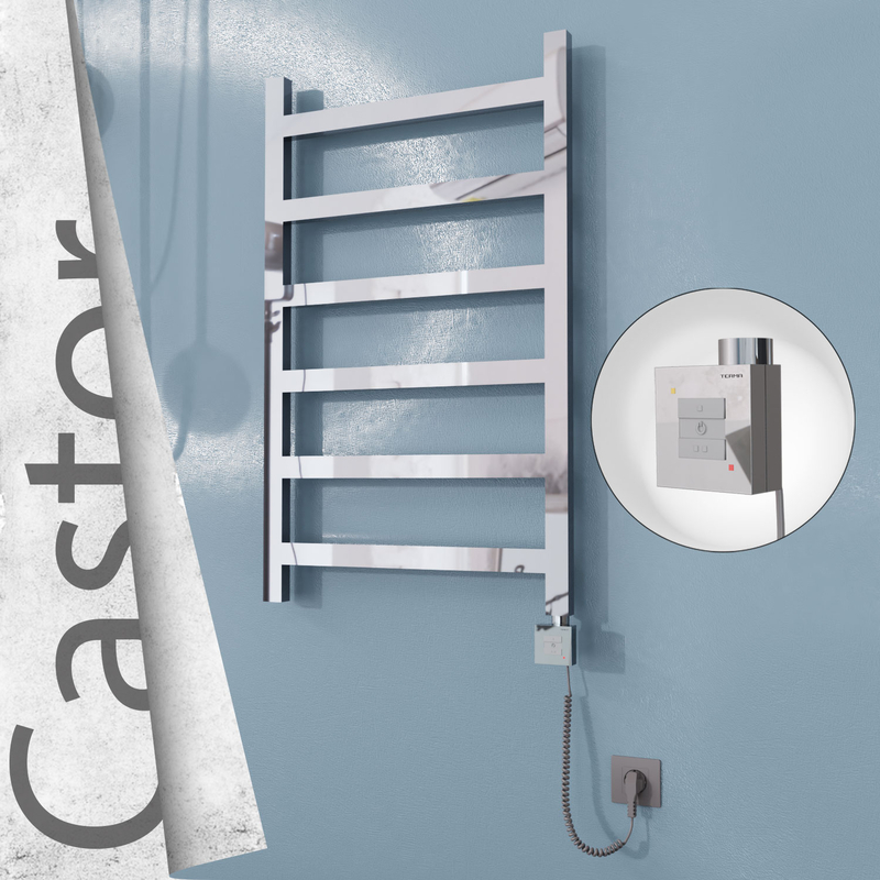 Castor Sèche-serviettes Électrique en Inox 600x980 Poli Miroir (KTX1 Thermostat) 300W Câble Spiralé 