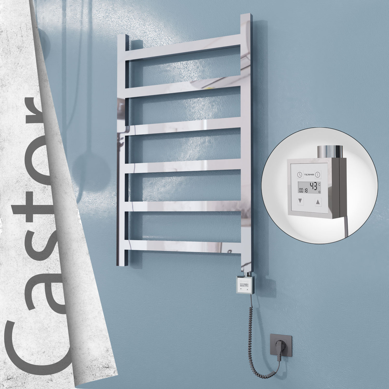 Castor Sèche-serviettes Électrique en Inox 600x980 Poli Miroir (KTX3 Thermostat) 300W Câble Spiralé 