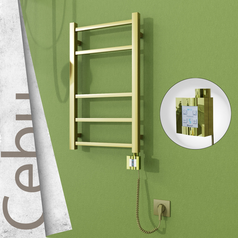 Cebu Electric Stainless Steel Towel Rail 400x705 Satin Gold (KTX4 Thermostat) 200W Spiral Cable 
