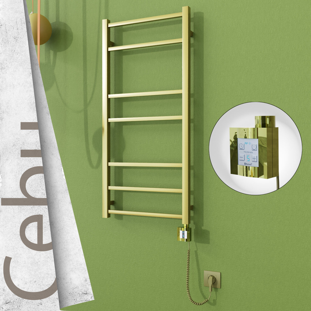 Cebu Electric Stainless Steel Towel Rail 500x1050 Satin Gold (KTX4 Thermostat) 200W Spiral Cable - 1