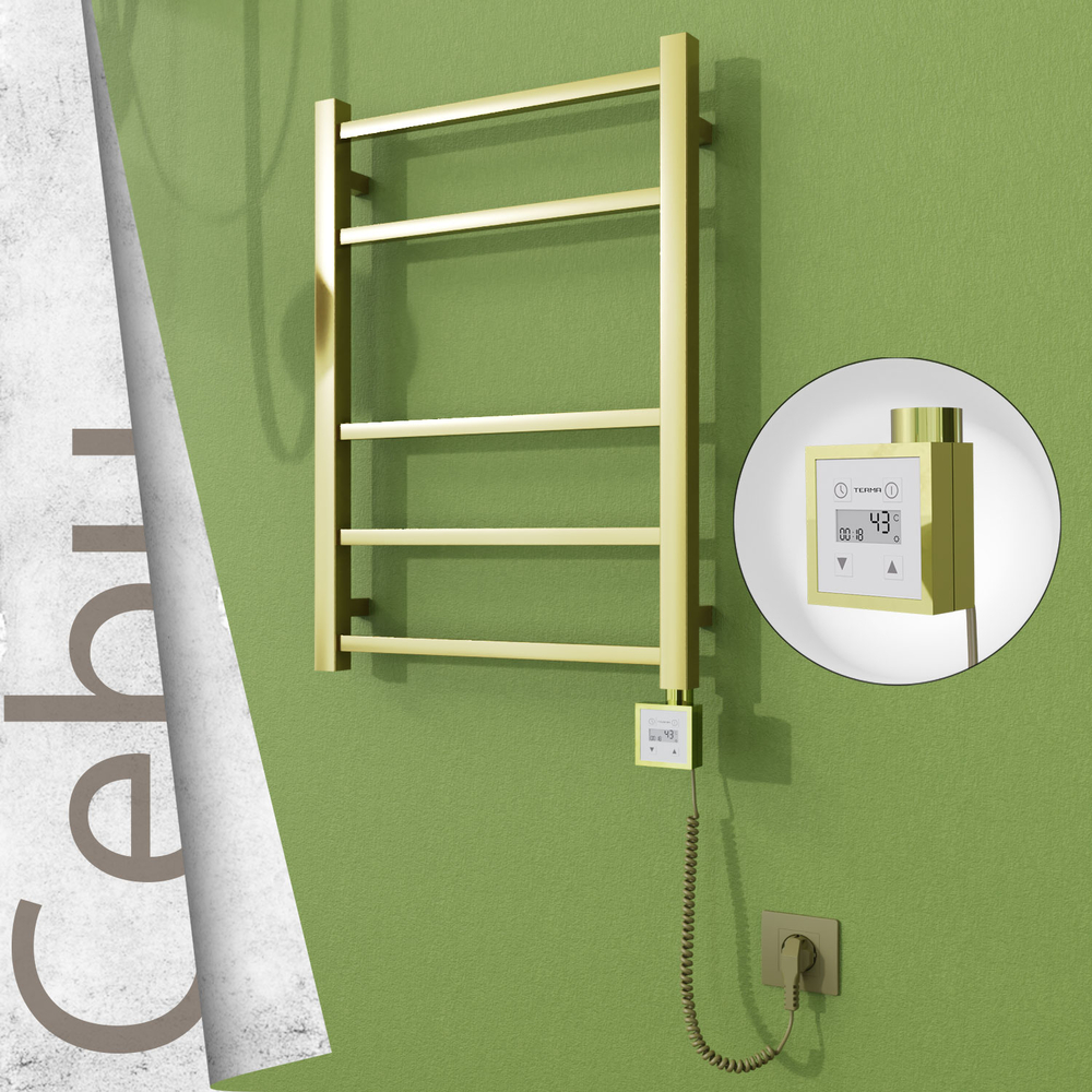 Cebu Electric Stainless Steel Towel Rail 500x705 Satin Gold (KTX3 Thermostat) 200W Spiral Cable - 1