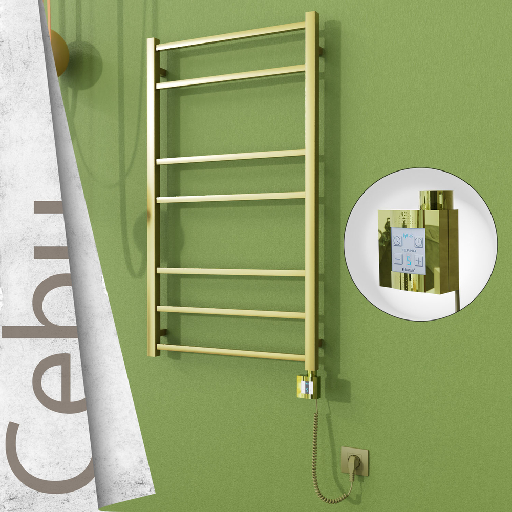 Cebu Electric Stainless Steel Towel Rail 600x1050 Satin Gold (KTX4 Thermostat) 200W Spiral Cable - 1