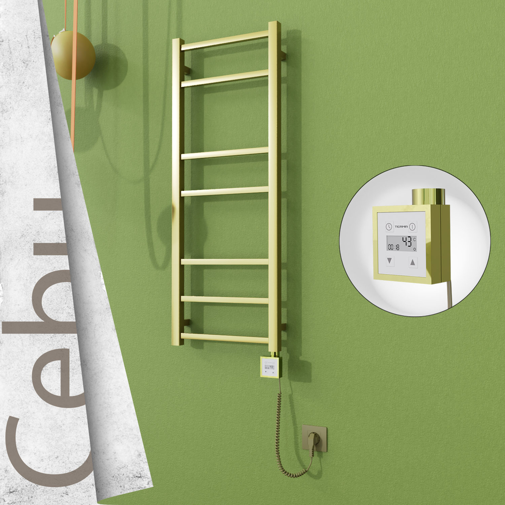 Cebu Sèche-serviettes Électrique en Inox 400x1050 Doré Satiné (KTX3 Thermostat) 200W Câble Spiralé - 1