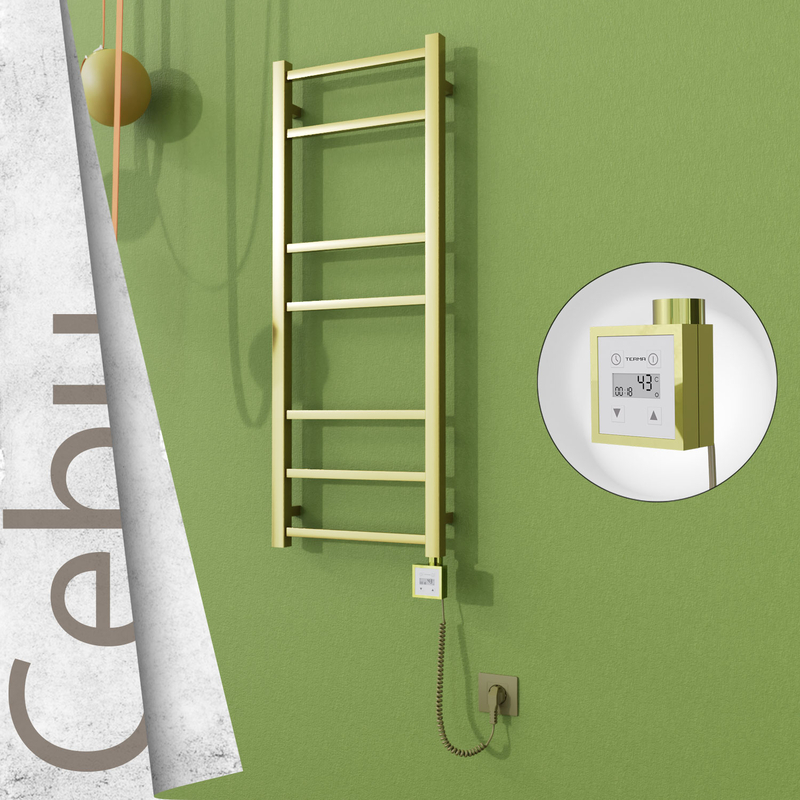Cebu Sèche-serviettes Électrique en Inox 400x1050 Doré Satiné (KTX3 Thermostat) 200W Câble Spiralé 