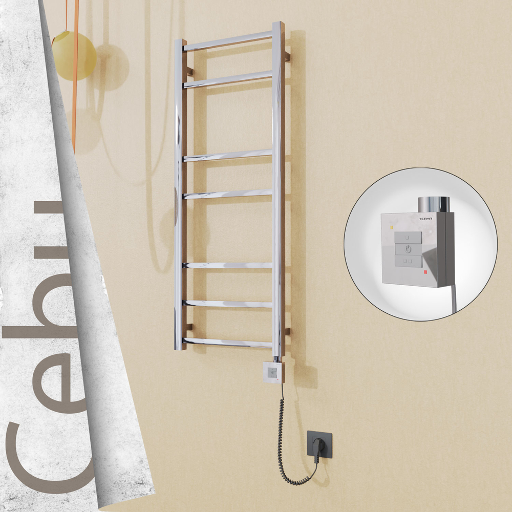 Cebu Sèche-serviettes Électrique en Inox 400x1050 Poli Miroir (KTX1 Thermostat) 200W Câble Spiralé - 1