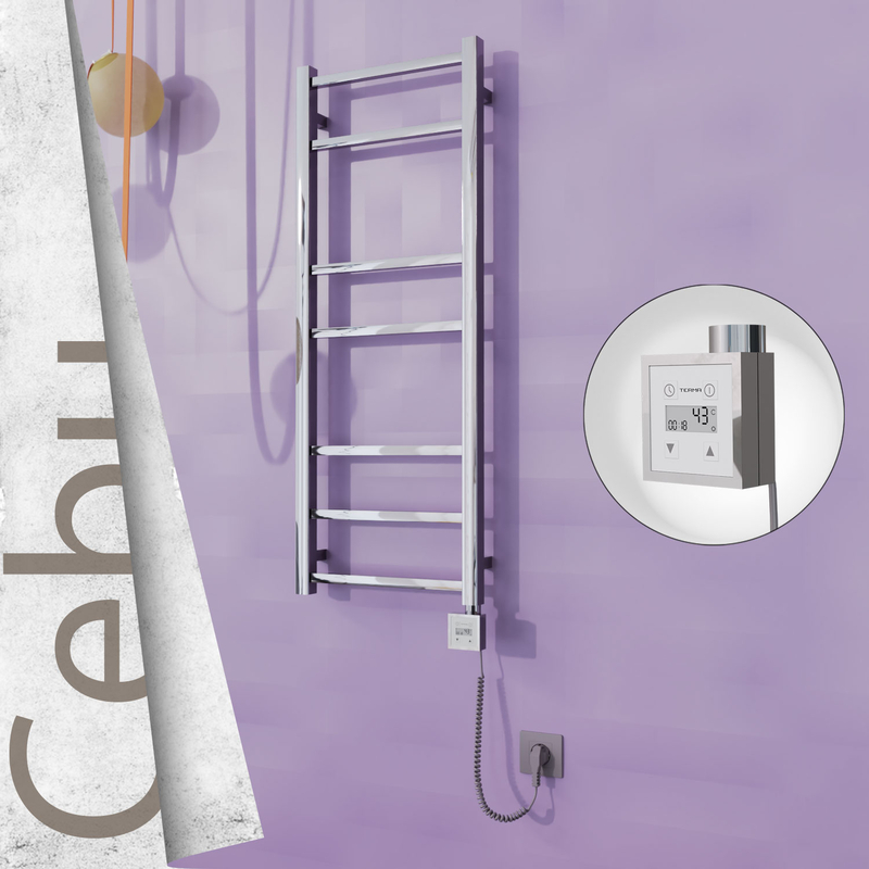 Cebu Sèche-serviettes Électrique en Inox 400x1050 Poli Miroir (KTX3 Thermostat) 200W Câble Spiralé 