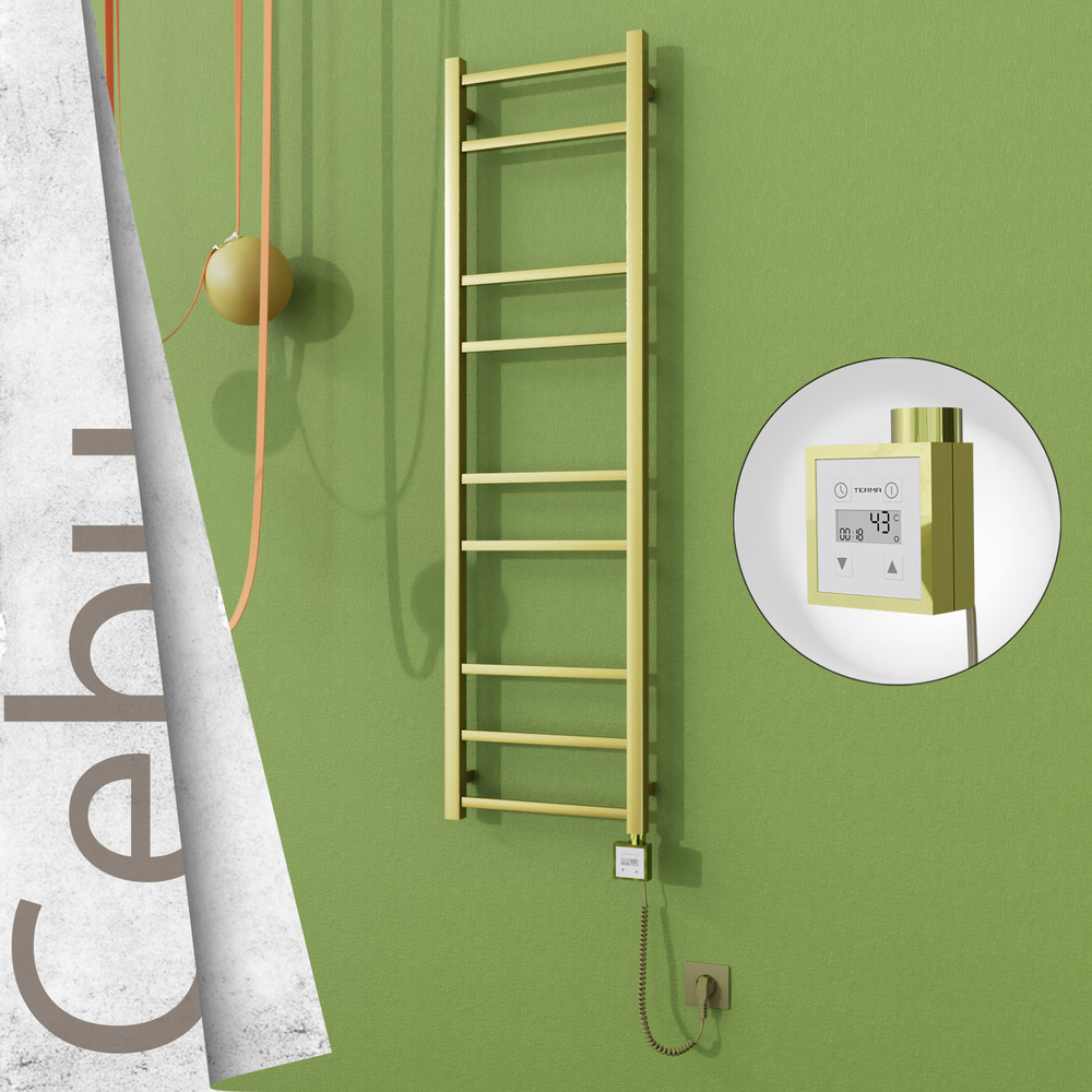 Cebu Sèche-serviettes Électrique en Inox 400x1395 Doré Satiné (KTX3 Thermostat) 200W Câble Spiralé - 1