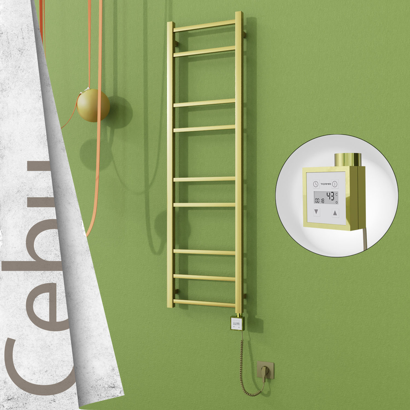 Cebu Sèche-serviettes Électrique en Inox 400x1395 Doré Satiné (KTX3 Thermostat) 200W Câble Spiralé 