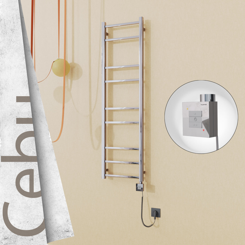 Cebu Sèche-serviettes Électrique en Inox 400x1395 Poli Miroir (KTX1 Thermostat) 200W Câble Spiralé 