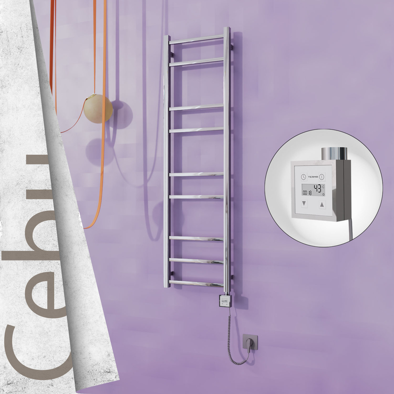 Cebu Sèche-serviettes Électrique en Inox 400x1395 Poli Miroir (KTX3 Thermostat) 200W Câble Spiralé 