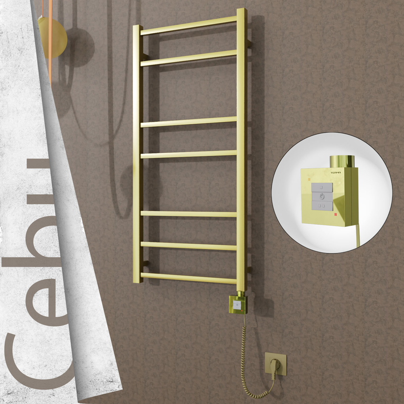 Cebu Sèche-serviettes Électrique en Inox 500x1050 Doré Satiné (KTX1 Thermostat) 200W Câble Spiralé 