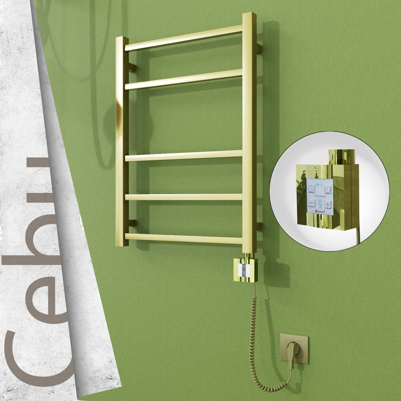 Cebu Sèche-serviettes Électrique en Inox 500x705 Doré Satiné (KTX4 Thermostat) 200W Câble Spiralé 