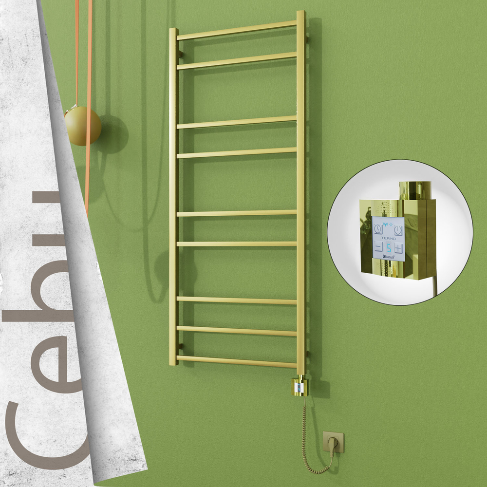 Cebu Sèche-serviettes Électrique en Inox 600x1395 Doré Satiné (KTX4 Thermostat) 300W Câble Spiralé - 1