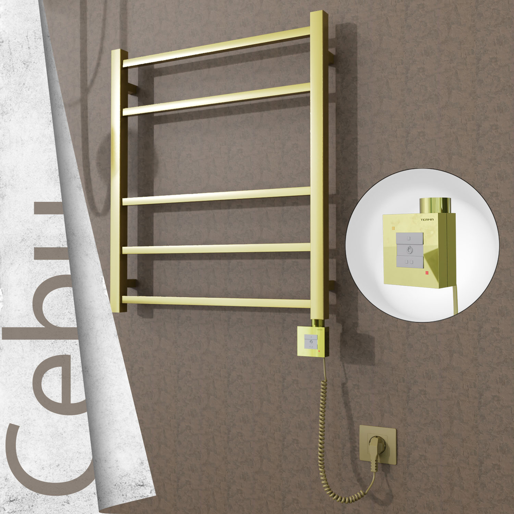 Cebu Sèche-serviettes Électrique en Inox 600x705 Doré Satiné (KTX1 Thermostat) 200W Câble Spiralé - 1