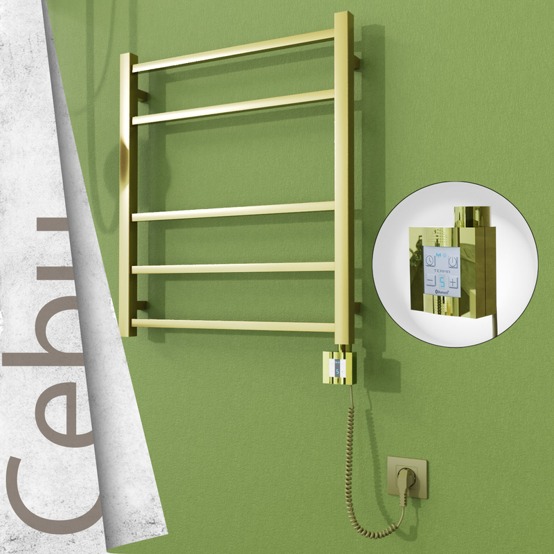 Cebu Sèche-serviettes Électrique en Inox 600x705 Doré Satiné (KTX4 Thermostat) 200W Câble Spiralé 