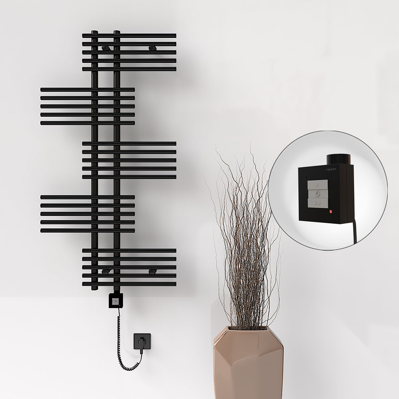 FIJI Electric Towel Warmer 650x1250 Black Matt (KTX1 Thermostat) 600W Spiral Cable