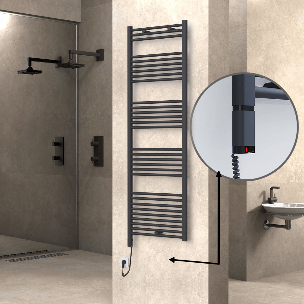 Haiti Electric Towel Warmer 600x1800 Flat Anthracite Textured (OneD On/Off ) Left 1000 Watt - 1