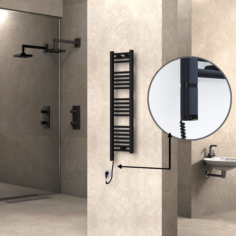 Haiti Electric Towel Warmer 300x1100 Flat Black Matt (OneD On/Off ) Left 300 Watt - 1