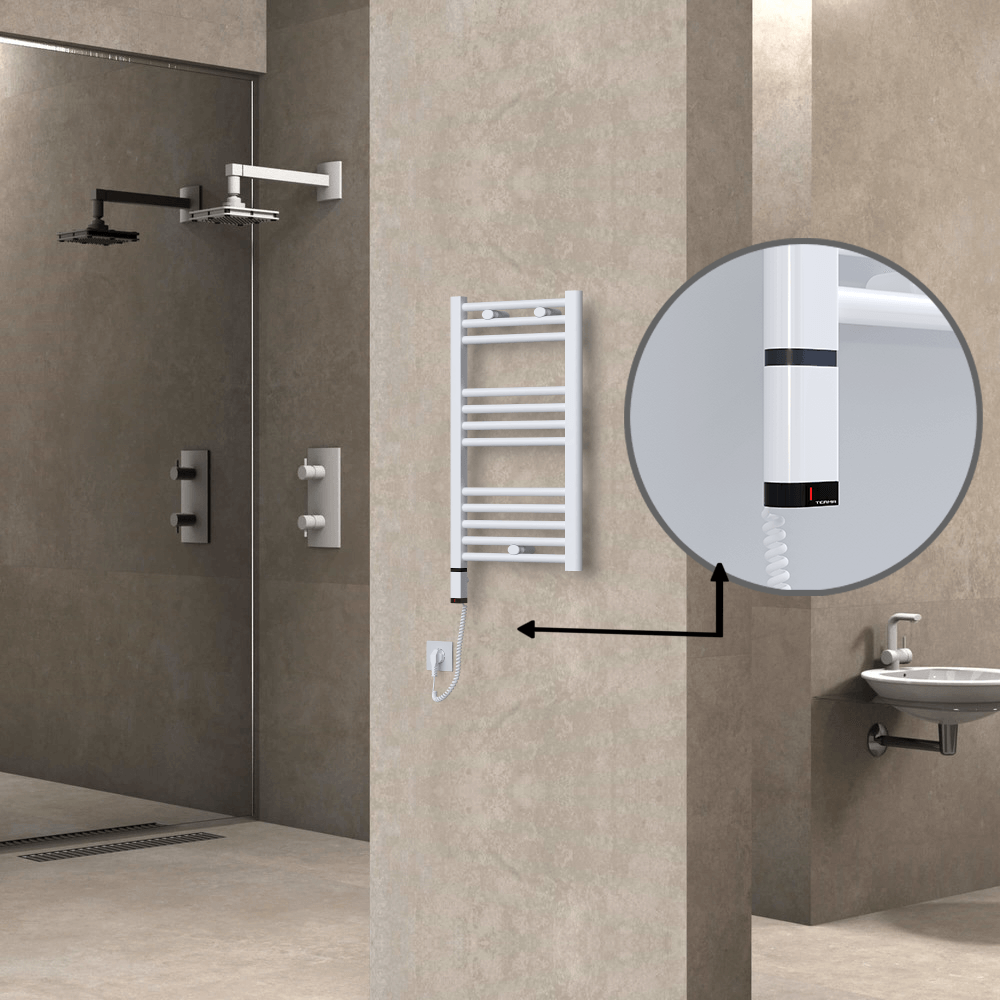 Haiti Electric Towel Warmer 400x700 Flat White Gloss (OneD On/Off ) Left 300 Watt - 1