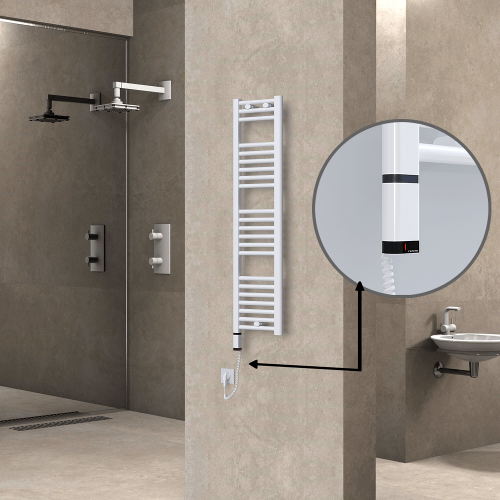 Haiti Electric Towel Warmer 300x1200 Flat White Gloss (OneD On/Off ) Left 300 Watt - 1