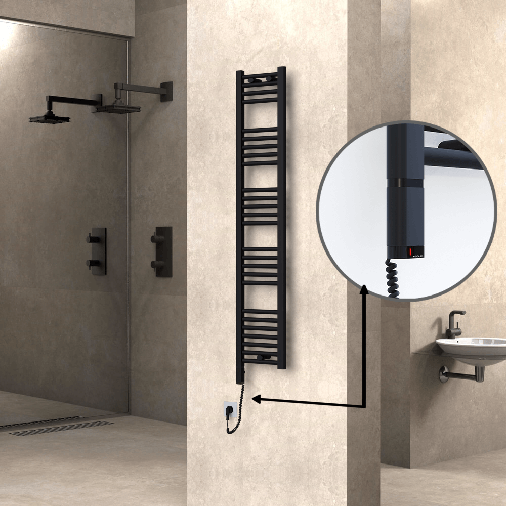 Haiti Electric Towel Warmer 300x1500 Flat Black Matt (OneD On/Off ) Left 300 Watt - 1