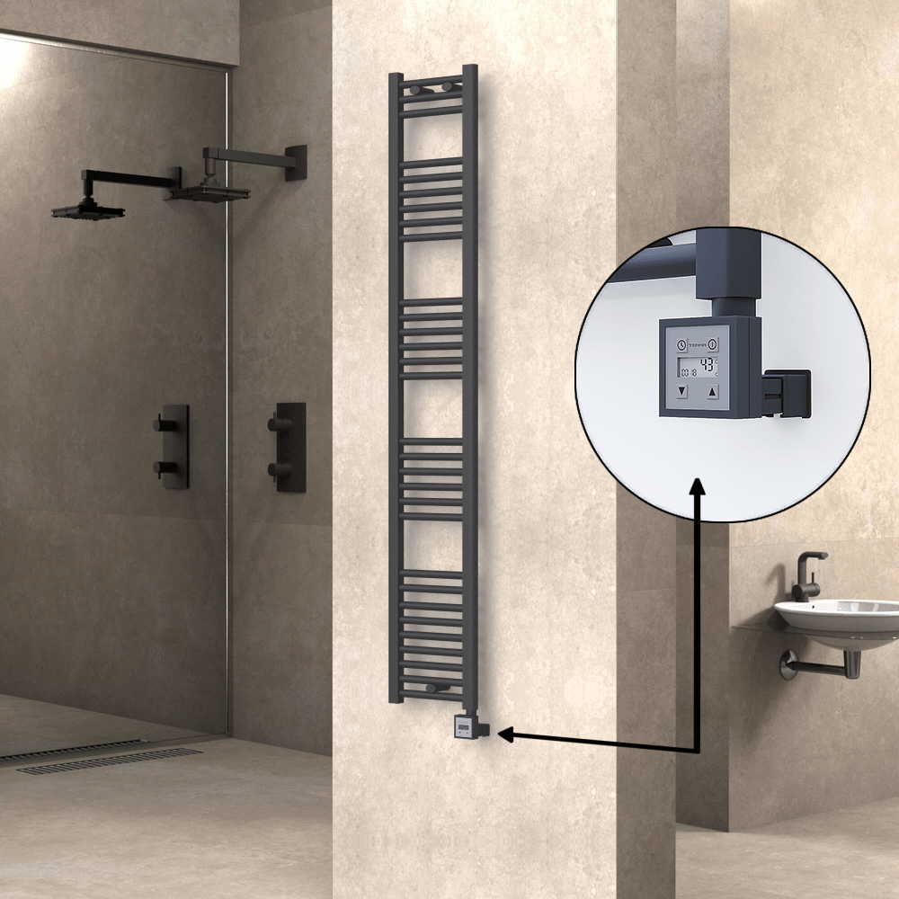 Haiti Electric Towel Warmer 300x1800 Flat Anthracite Textured (KTX3 Thermostat) 600 Watt - 1