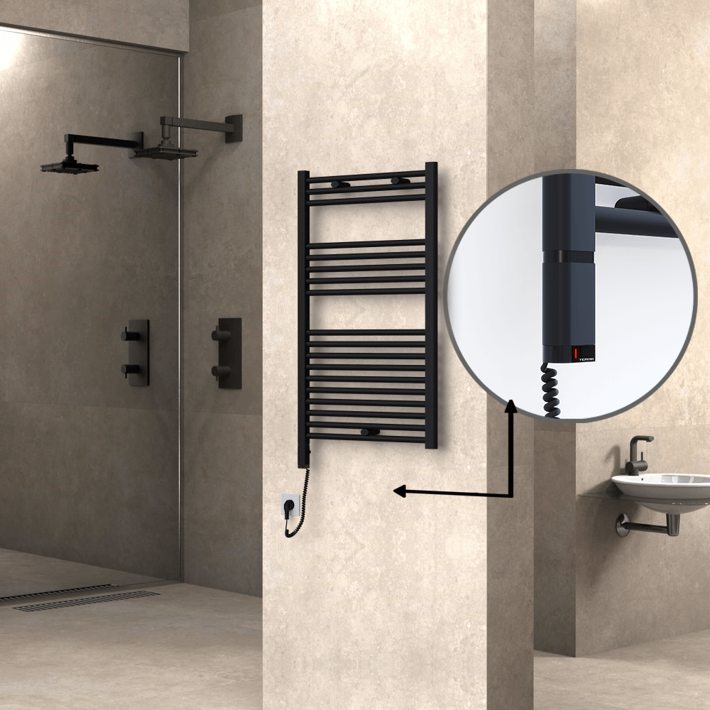 Haiti Electric Towel Warmer 600x1000 Flat Black Matt (OneD On/Off ) Left 600 Watt - 1