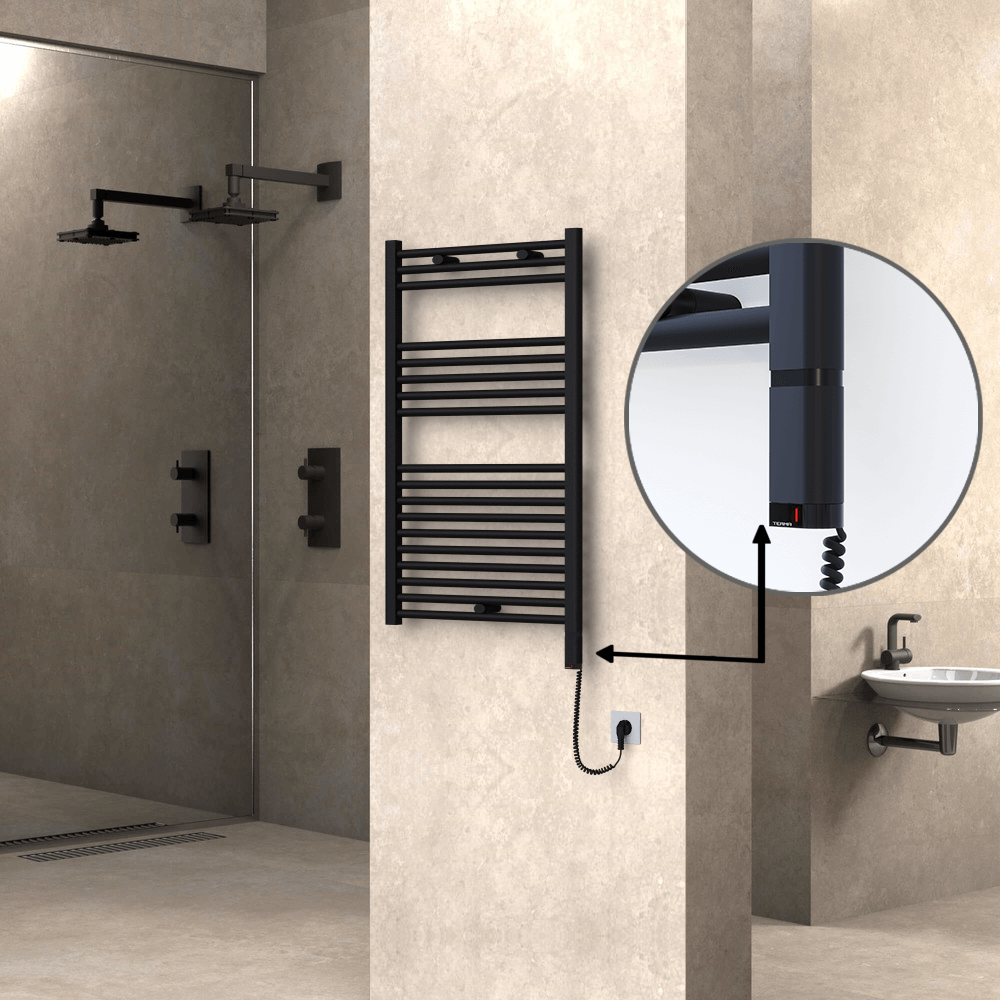 Haiti Electric Towel Warmer 600x1000 Flat Black Matt (OneD On/Off ) Right 600 Watt - 1