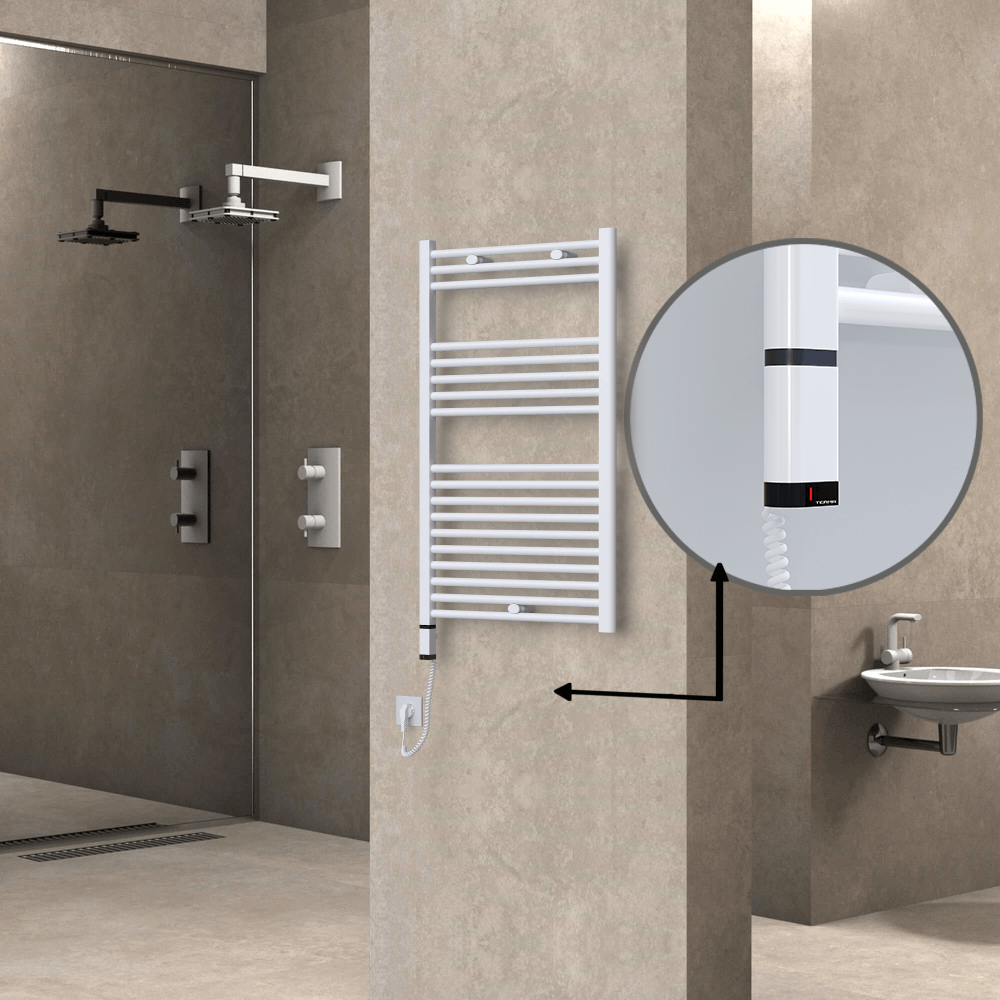 Haiti Electric Towel Warmer 600x1000 Flat White Gloss (OneD On/Off ) Left 600 Watt - 1