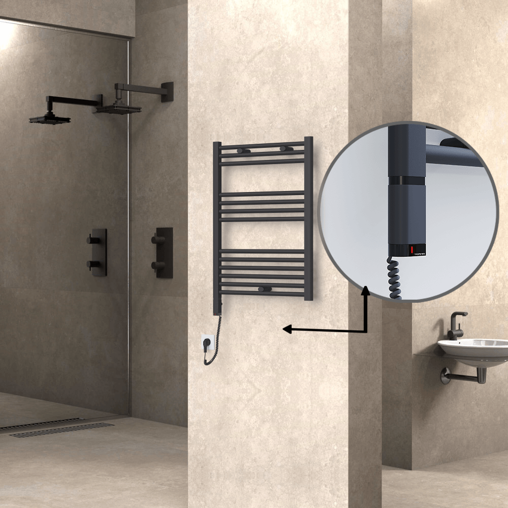 Haiti Electric Towel Warmer 600x800 Flat Anthracite Textured (OneD On/Off ) Left 300 Watt - 1