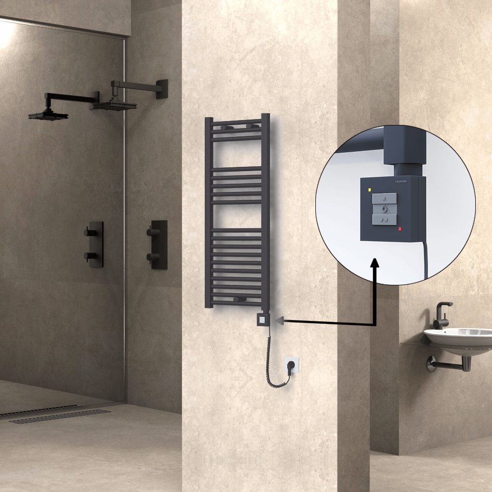 Haiti Electric Towel Warmer 400x1000 Flat Anthracite Textured (KTX1 Thermostat) 300 Watt Spiral Cable - 1
