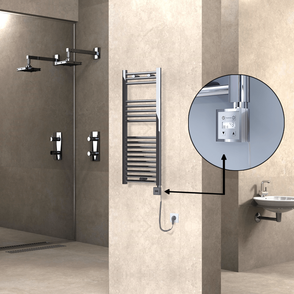 Haiti Electric Towel Warmer 400x1000 Flat Chrome (KTX3 Thermostat) 200 Watt Spiral Cable - 1