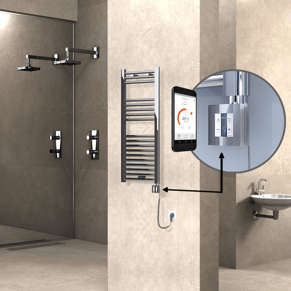 Haiti Electric Towel Warmer 400x1000 Flat Chrome (KTX4 Thermostat) 200 Watt Spiral Cable - 1