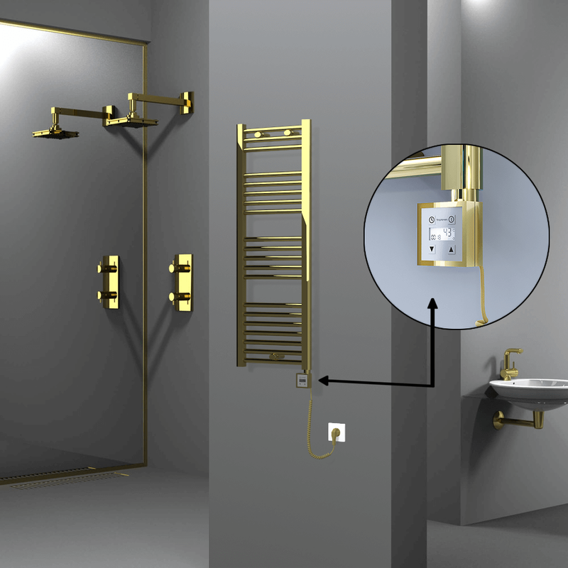 Haiti Electric Towel Warmer 400x1100 Flat Gold  (KTX3 Thermostat) 300 Watt Spiral Cable