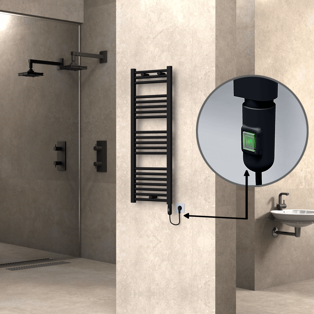 Haiti Electric Towel Warmer 400x1100 Flat Black Matt (On/Off Button) 600 Watt - 1