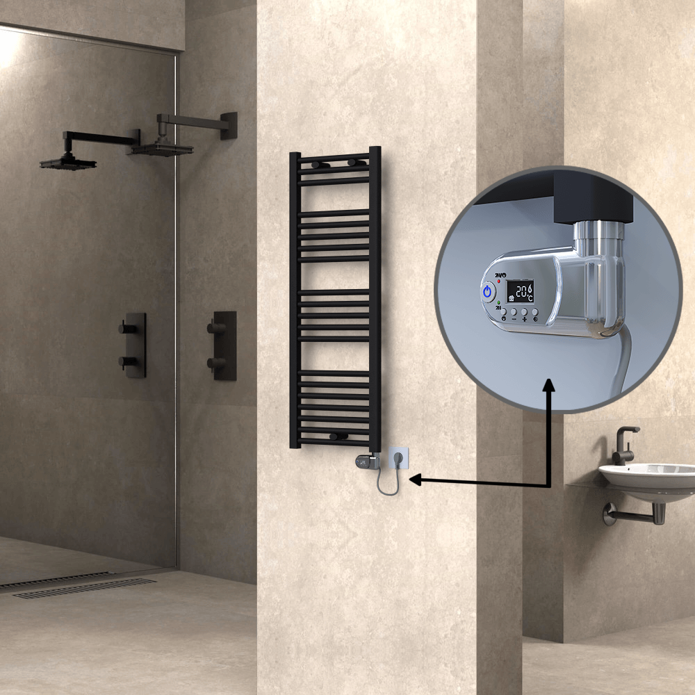 Haiti Electric Towel Warmer 400x1100 Flat Black Matt (Thesis Thermostat) 600 Watt - 1