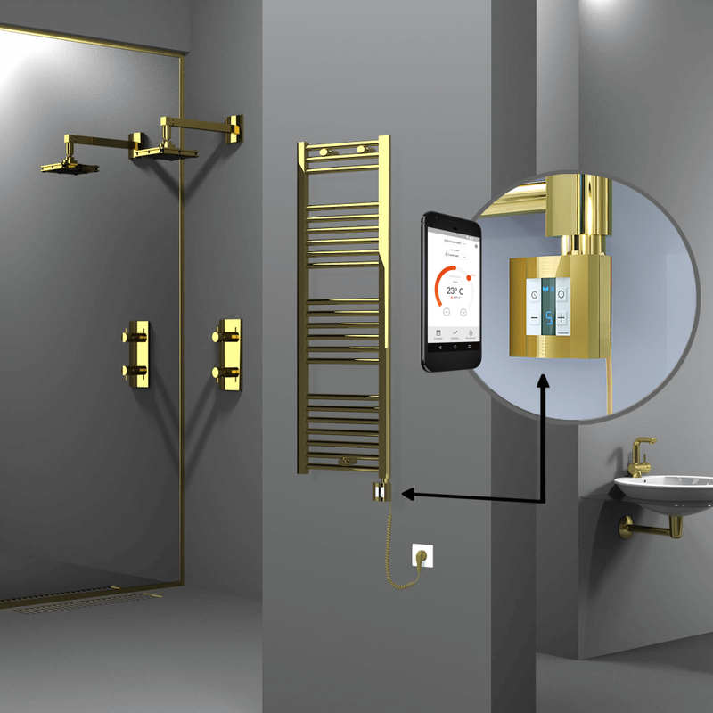 Haiti Electric Towel Warmer 400x1200 Flat Gold  (KTX4 Thermostat) 300 Watt Spiral Cable