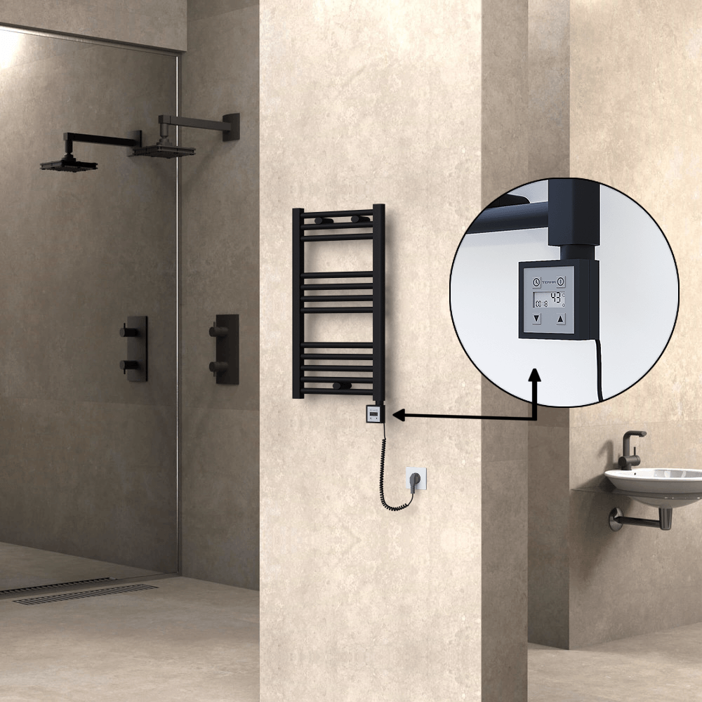 Haiti Electric Towel Warmer 400x700 Flat Black Matt (KTX3 Thermostat) 300 Watt Spiral Cable - 1