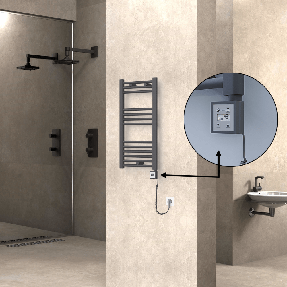 Haiti Electric Towel Warmer 400x800 Flat Anthracite Textured (KTX3 Thermostat) 300 Watt Spiral Cable - 1