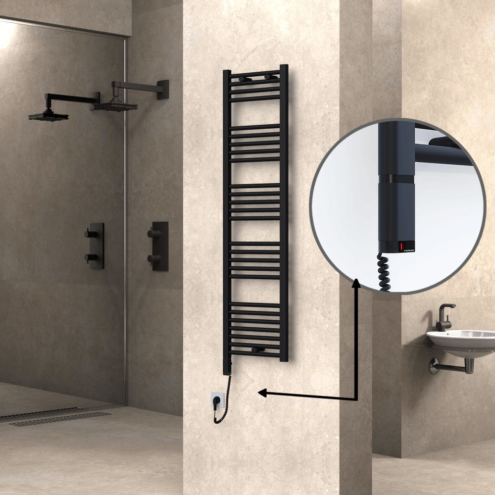 Haiti Electric Towel Warmer 400x1500 Flat Black Matt (OneD On/Off ) Left 600 Watt - 1