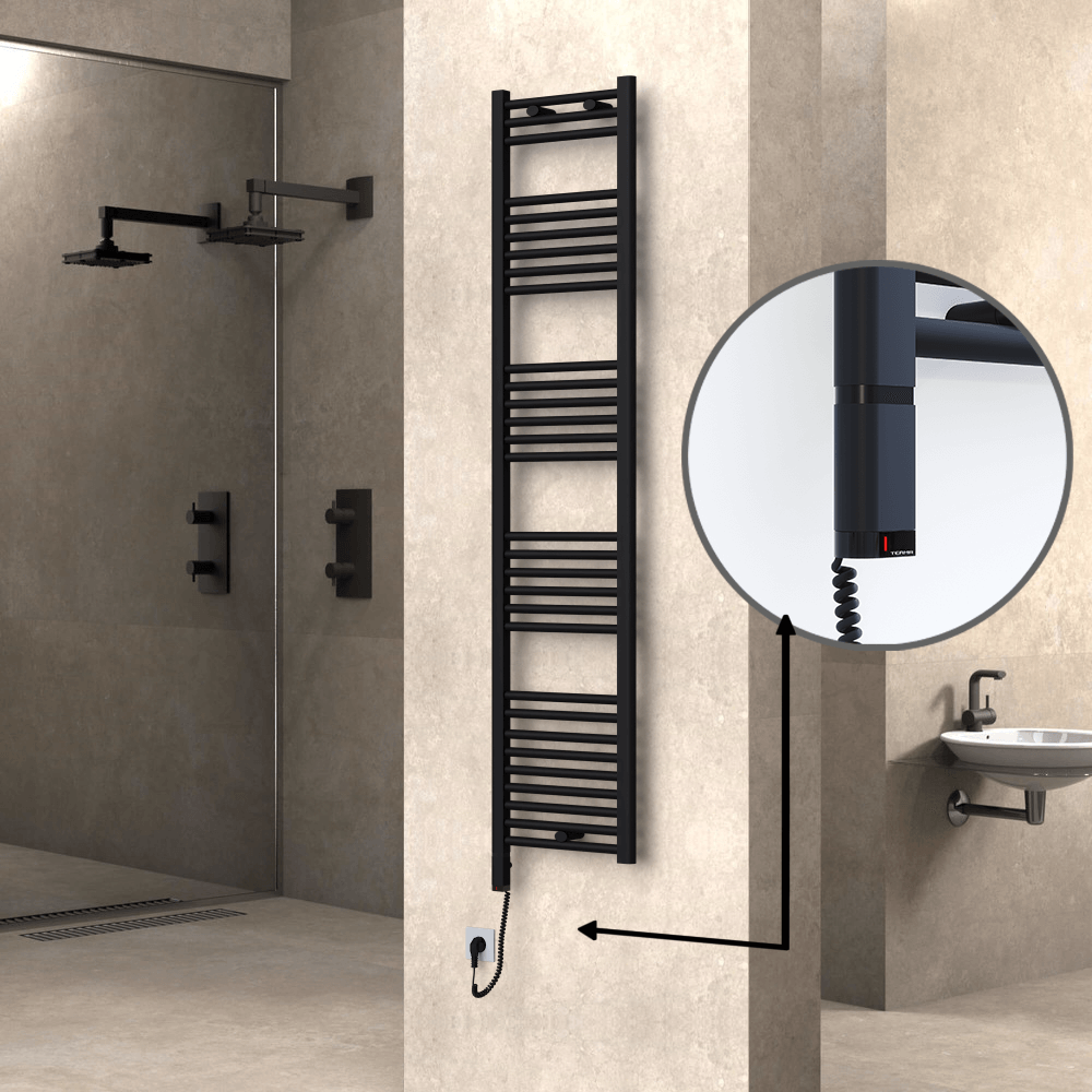 Haiti Electric Towel Warmer 400x1800 Flat Black Matt (OneD On/Off ) Left 600 Watt - 1